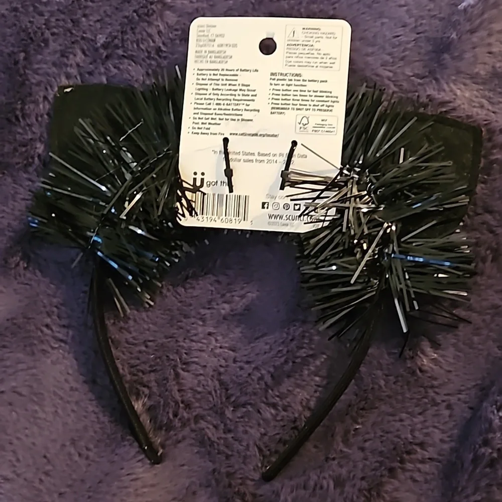 Glam-O-Ween Halloween Black Cat Headband Orange Glitter Ears Light-Up Blinking
